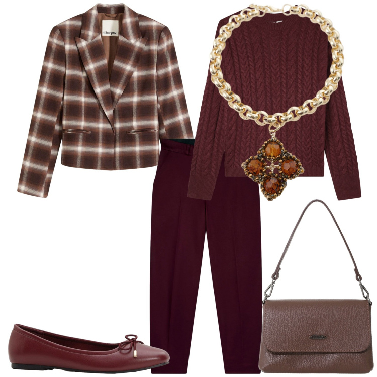 Outfit donna - Total look #2244560. Stile Casual chic per Ufficio. Abbinamento con ballerine, blazer, maglieria, pantaloni chino, borse a tracolla, collane.