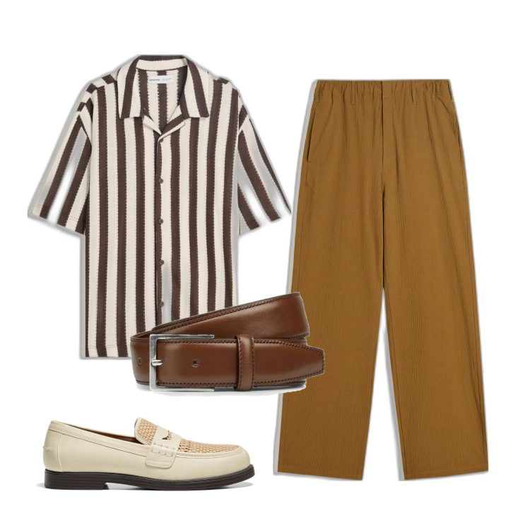 Outfit hombre - Colores tierra. Estilo Business/Elegante para Noche especial. Combinación con cinturones, zapatos con cordones, pantalones, camisas de manga corta.