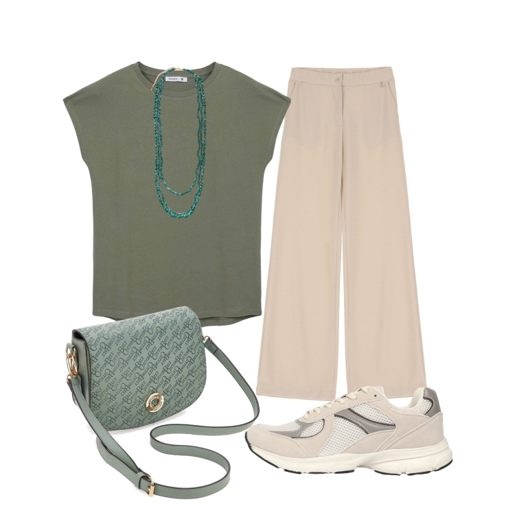 Outfit donna - Sporty e chic. Stile Sporty chic per Tutti i giorni. Abbinamento con sneakers, t-shirt, pantaloni, collane, borse a tracolla.
