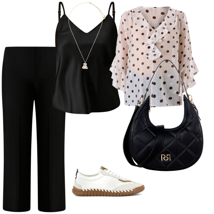 Outfit donna - La camicia a pois. per Tutti i giorni. Abbinamento con pantaloni a palazzo, top, borse a tracolla, bluse, ciondoli, sneakers.