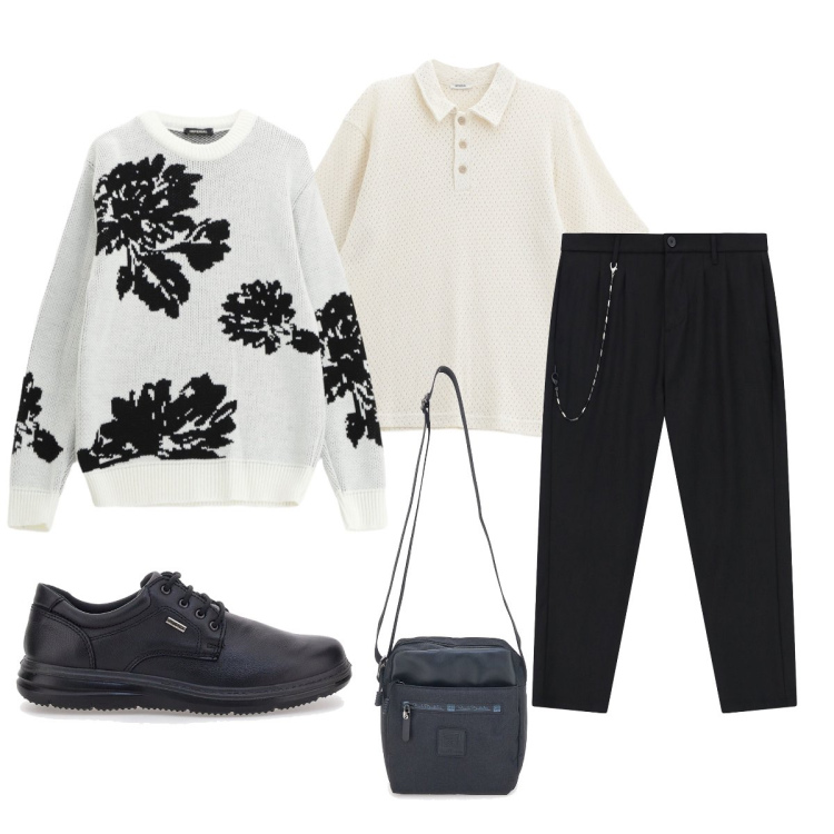 Outfit uomo - Uscita con gli amici. Stile Trendy per Serata speciale. Abbinamento con polo, pantaloni, pullovers, portafogli, scarpe stringate.