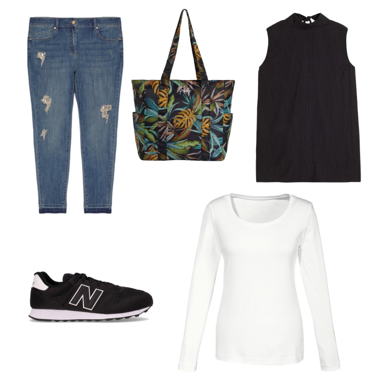 Outfit donna - Free time. Stile Casual per Tutti i giorni. Abbinamento con maglieria, top, shopping bag, jeans strappati, sneakers.