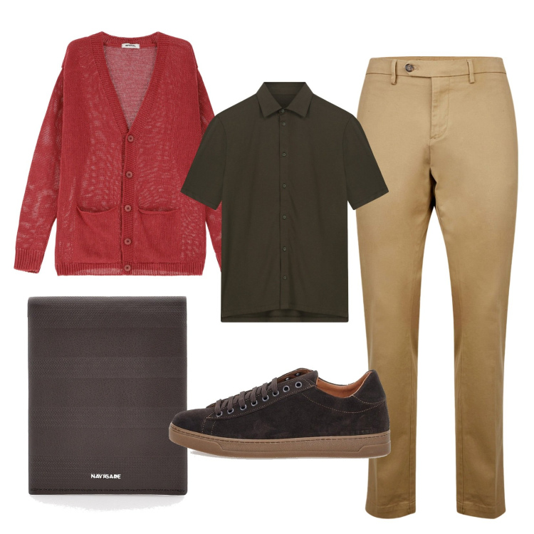 Outfit uomo - Cardigan in cotone. Stile Casual Abbinamento con cardigans, pantaloni chino, portafogli, sneakers, polo.