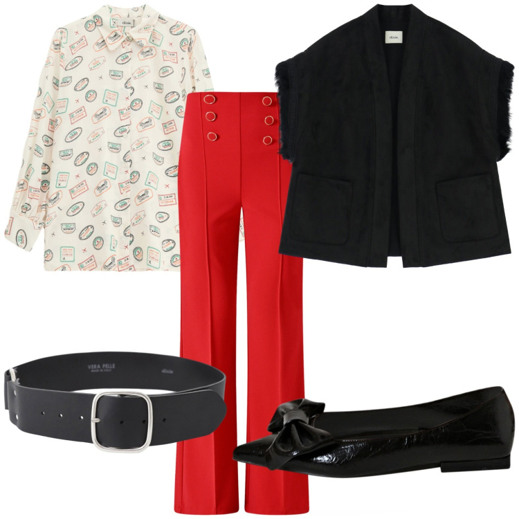 Outfit donna - Camicia a fumetti. Stile Casual chic per Ufficio. Abbinamento con pantaloni, ballerine, camicie, gilet, cinture.