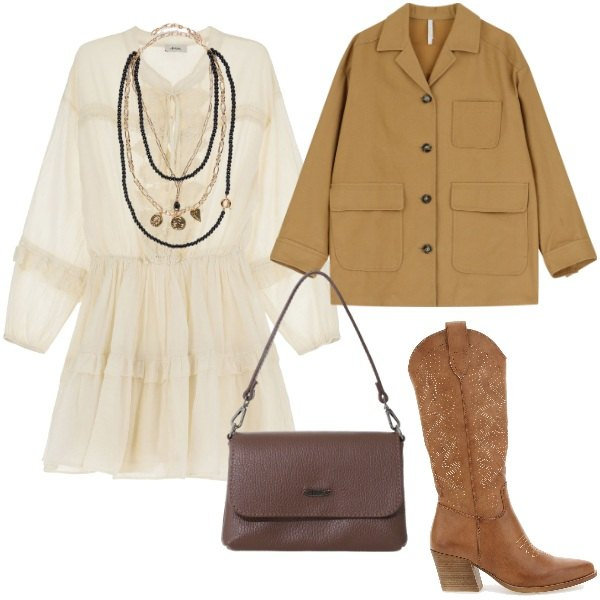 Outfit donna - Lo stile Boho in città a settembre. Stile Boho per Serata fuori. Abbinamento con cappotti, vestiti corti, borse a tracolla, stivaletti texani, collane.