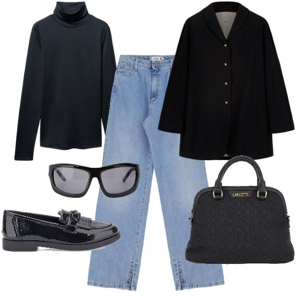 Outfit donna - Jeans e contorno black. Stile Minimal per Tutti i giorni. Abbinamento con t-shirt, jeans, occhiali da sole, mocassini, borse a spalla, blazer.