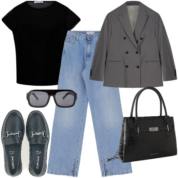 Outfit donna - Jeans, blazer e mocassini. Stile Minimal per Tutti i giorni. Abbinamento con borse a mano, t-shirt, jeans, occhiali da sole, mocassini, blazer.