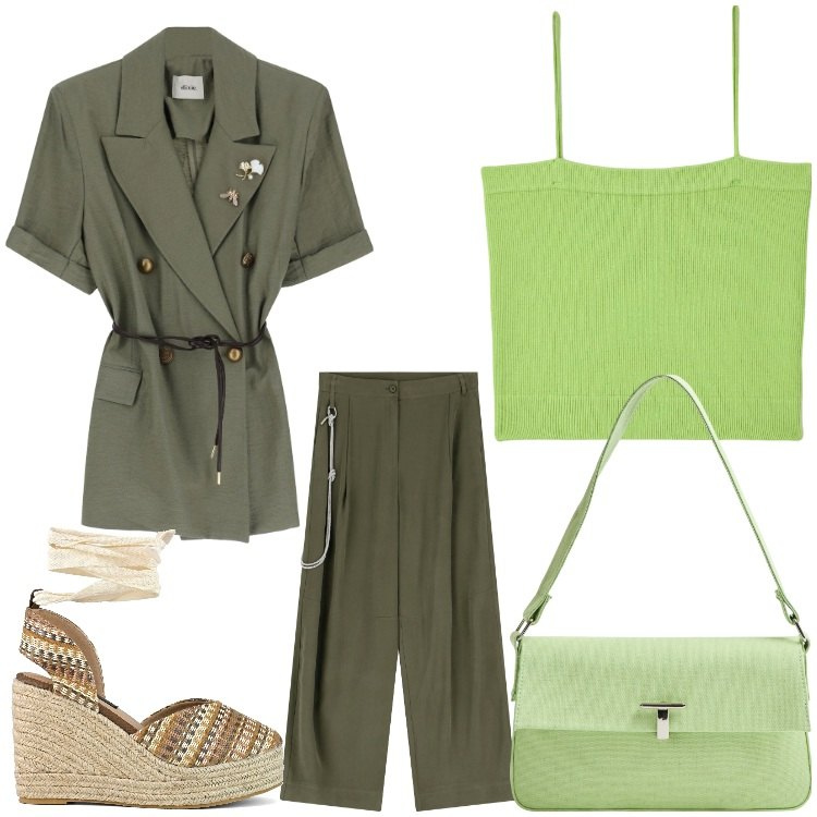 Outfit donna - Voglia di verde. Stile Chic per Ufficio. Abbinamento con canottiere, borse a spalla, pantaloni, blazer, zeppe.