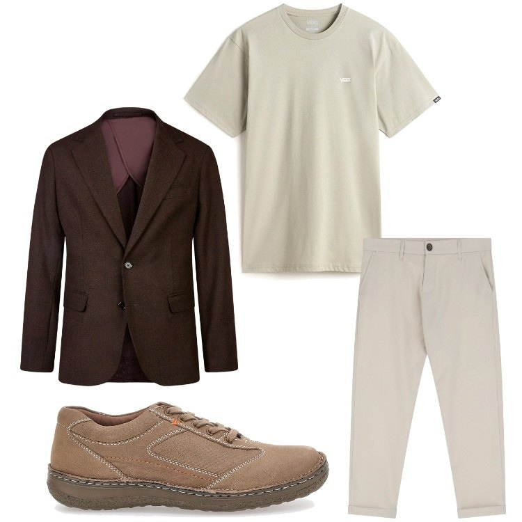 Outfit uomo - Giacca e t- shirt. Stile Business/Elegante per Ufficio. Abbinamento con pantaloni chino, giacche, t-shirt, sneakers.