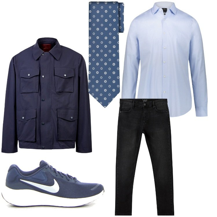 Outfit uomo - Blu. Stile Business/Elegante per Ufficio. Abbinamento con jeans skinny, camicie, giacche, cravatte, sneakers.