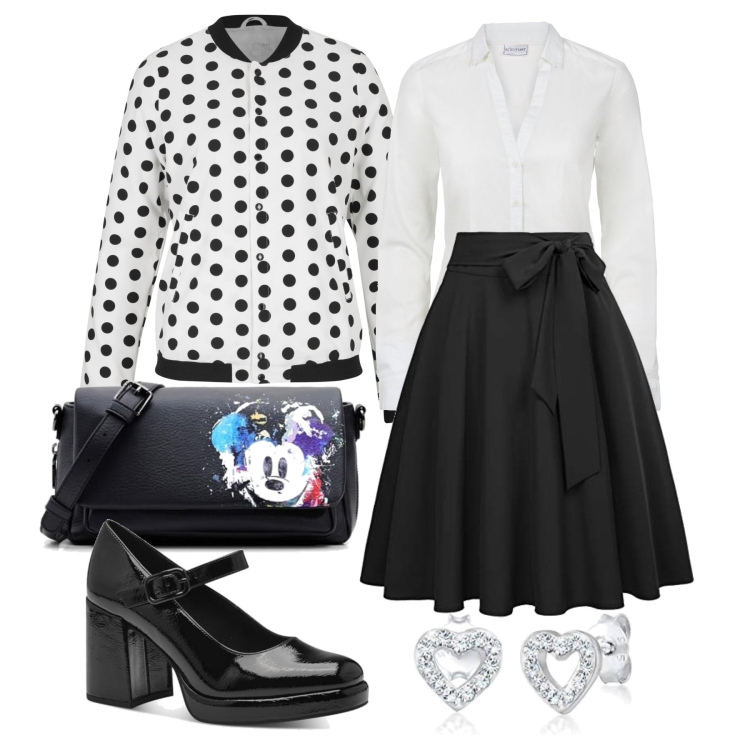 Outfit femme - Septembre. Style Bon Ton pour Tous les jours. Assortir avec vestes, chemisiers, chaussures à talon, jupes, boucles d'oreilles, sacs à main.