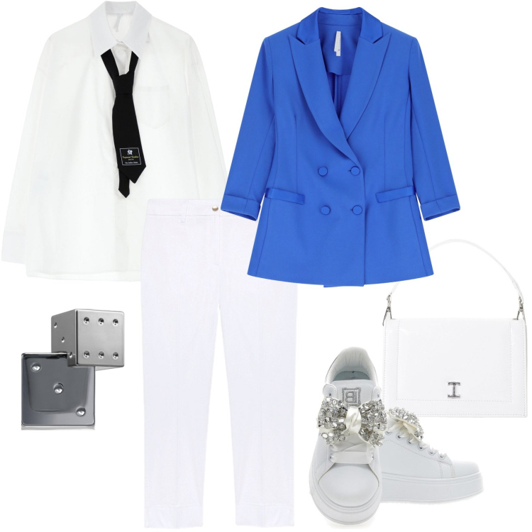 Outfit donna - Inizio corsi di laurea/università. Stile Sporty chic per Scuola/Università. Abbinamento con profumi, camicie, blazer, borse a tracolla, sneakers, pantaloni chino.