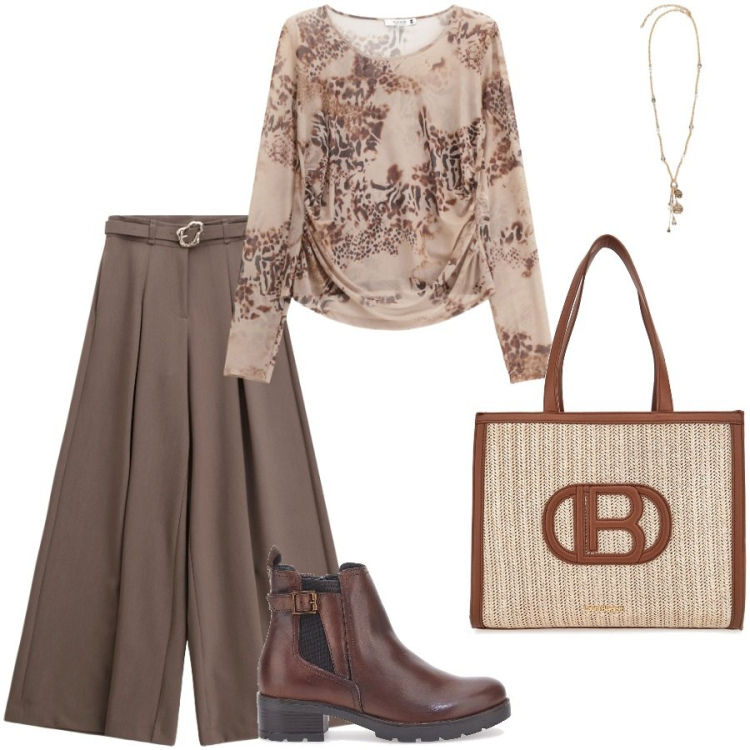 Outfit donna - Stilista anche al lavoro. Stile Casual chic per Ufficio. Abbinamento con maglieria, pantaloni, stivaletti, borse a spalla, ciondoli.