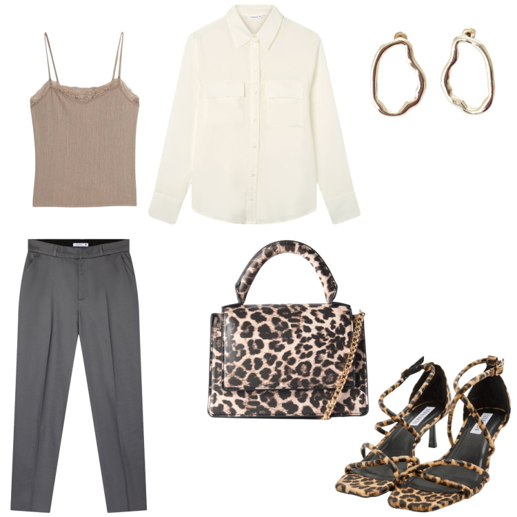 Outfit donna - Maculato chic. Stile Glamour per Serata fuori. Abbinamento con canottiere, orecchini, sandali col tacco, borse a tracolla, pantaloni chino, camicie.