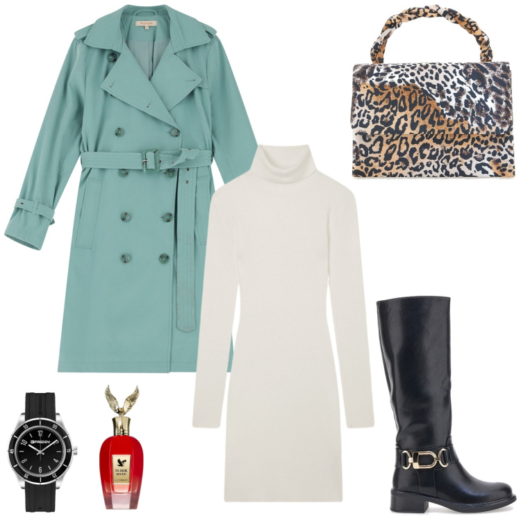 Outfit donna - Serata tra amici. Stile Casual chic per Serata fuori. Abbinamento con profumi, vestiti corti, trench, orologi, stivali, pochette.