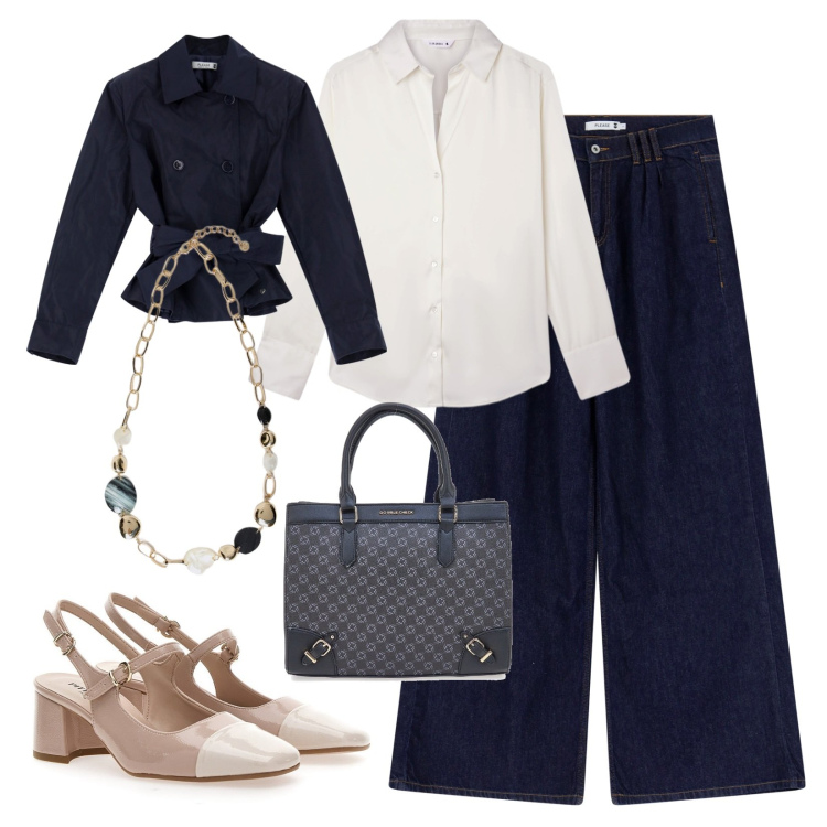 Outfit donna - Outfit versatile. Stile Casual chic per Tutti i giorni. Abbinamento con camicie, blazer, jeans, borse a tracolla, décolleté, collane.