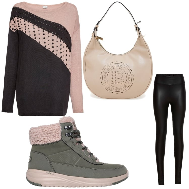Outfit donna - Maxi pull e leggings di pelle. Stile Basic per Tutti i giorni. Abbinamento con treggings, maglieria, borse a spalla, anfibi.
