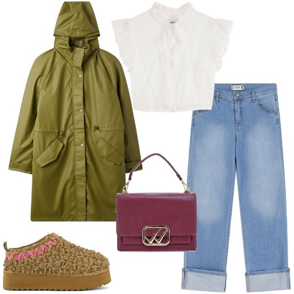 Outfit donna - New denim season. Stile Urban per Tutti i giorni. Abbinamento con camicie, cappotti, jeans dritti, stivaletti, borse a tracolla.