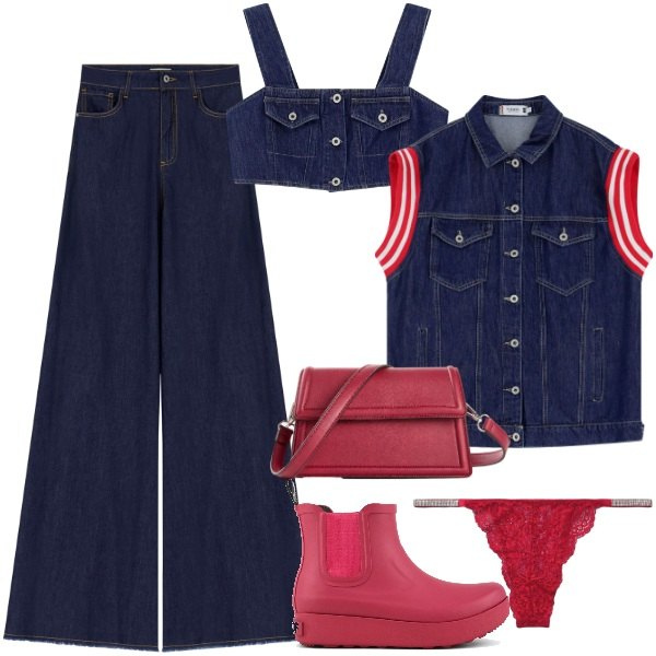 Outfit donna - New denim season. Stile Urban per Tutti i giorni. Abbinamento con borse a tracolla, culotte, gilet, top, jeans a zampa, stivali.