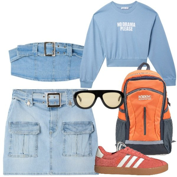 Outfit donna - New denim season. Stile Urban per Tutti i giorni. Abbinamento con felpe, minigonne, top, occhiali da sole, zaini, sneakers.