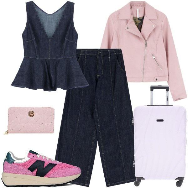 Outfit donna - New denim season. Stile Urban per Tutti i giorni. Abbinamento con sneakers, jeans, top, blazer, portafogli, valigie.