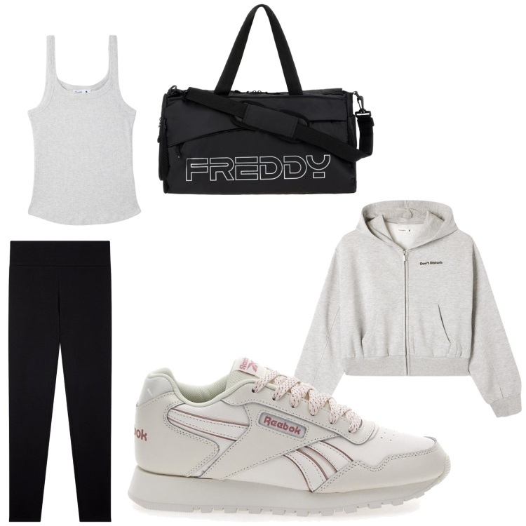 Outfit donna - Si riparte in palestra. Stile Sporty chic per Sport. Abbinamento con canottiere, felpe con cappuccio, leggings, borse sportive, sneakers.
