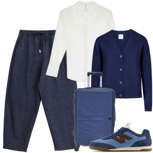 Outfit donna - In viaggio in blu. Stile Urban per Tutti i giorni. Abbinamento con sneakers, jeans, camicie, cardigans, valigie.