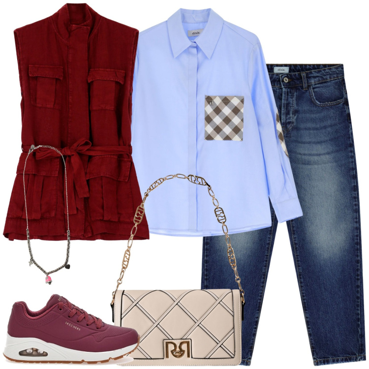 Outfit donna - Bordeaux mon Amour. Stile Casual per Scuola/Università. Abbinamento con borse a tracolla, ciondoli, camicie, gilet, jeans, sneakers.