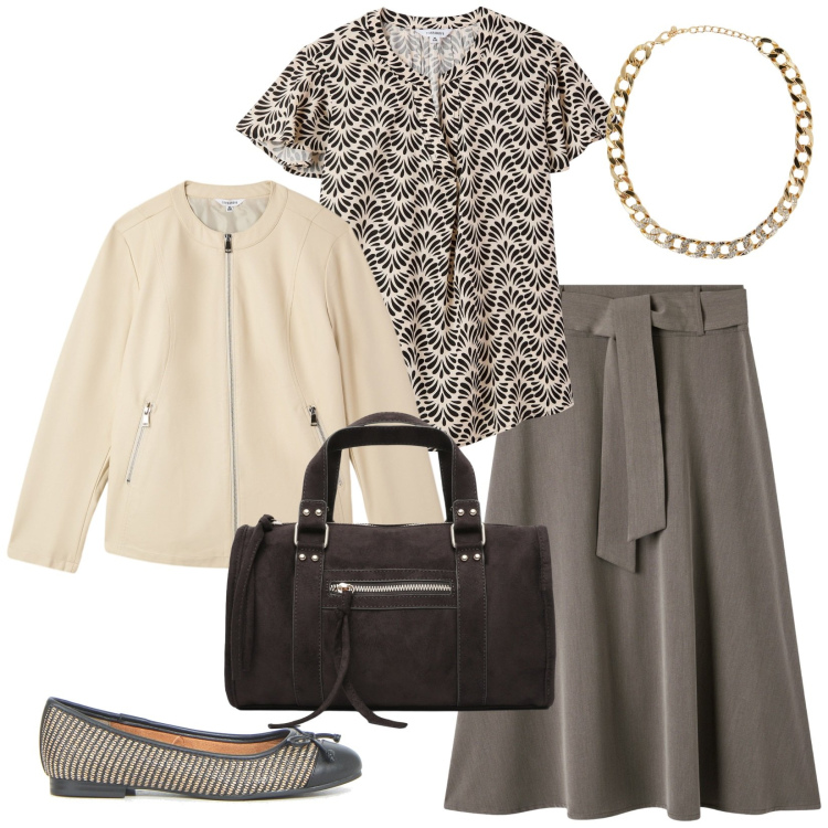 Outfit donna - Microfantasie per l\'autunno. Stile Bon Ton per Ufficio. Abbinamento con giacche, gonne lunghe, bluse, collane, borse a mano, ballerine.