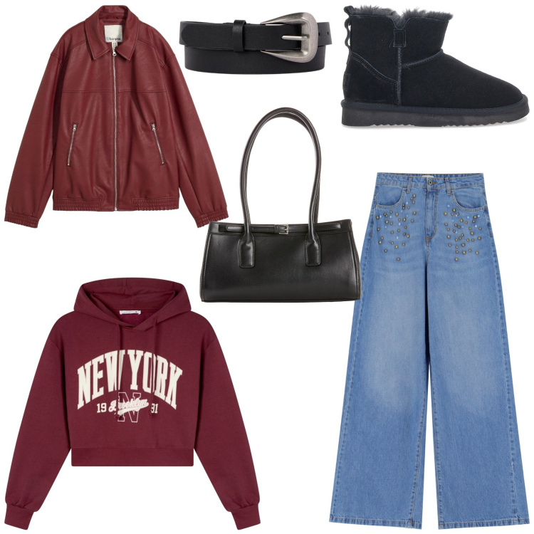 Outfit donna - Young. Stile Casual per Tutti i giorni. Abbinamento con borse a mano, blazer, felpe con cappuccio, jeans, stivaletti, cinture.