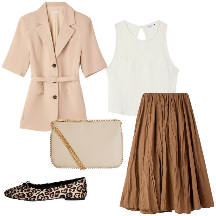 Outfit donna - Colori autunnali. Stile Casual chic per Tutti i giorni. Abbinamento con top, gonne lunghe, borse a tracolla, blazer, ballerine.