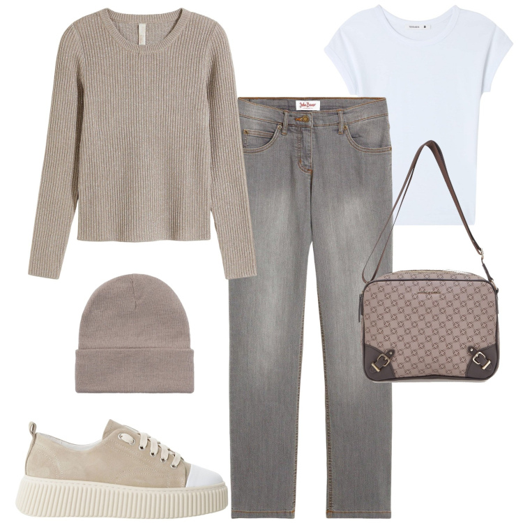 Outfit donna - City. Stile Casual chic per Tutti i giorni. Abbinamento con maglieria, jeans dritti, t-shirt, berretti, sneakers, borse a tracolla.
