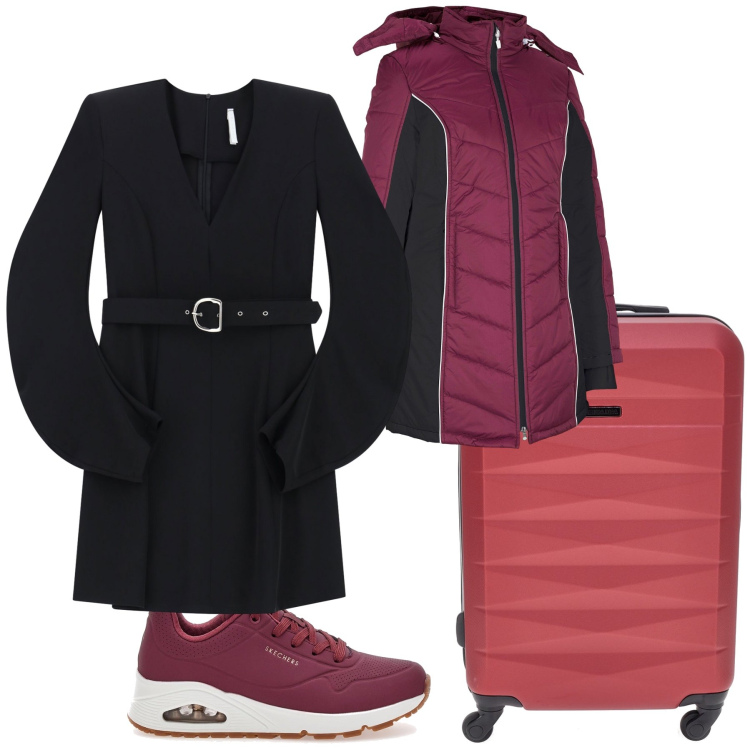 Outfit donna - In partenza per Bordeaux. Stile Trendy per Tutti i giorni. Abbinamento con blazer, vestiti corti, sneakers, valigie.