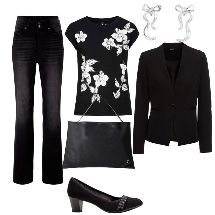 Outfit donna - Casual in black. Stile Casual chic Abbinamento con jeans bootcut, blazer, décolleté, maglieria, orecchini, borse a spalla.
