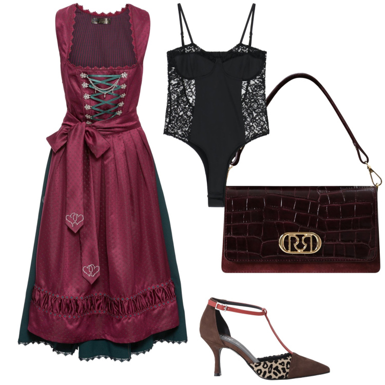 Outfit donna - Serata in abito vintage bordeaux. Stile Vintage retrò per Serata fuori. Abbinamento con vestiti, borse a mano, body, décolleté.