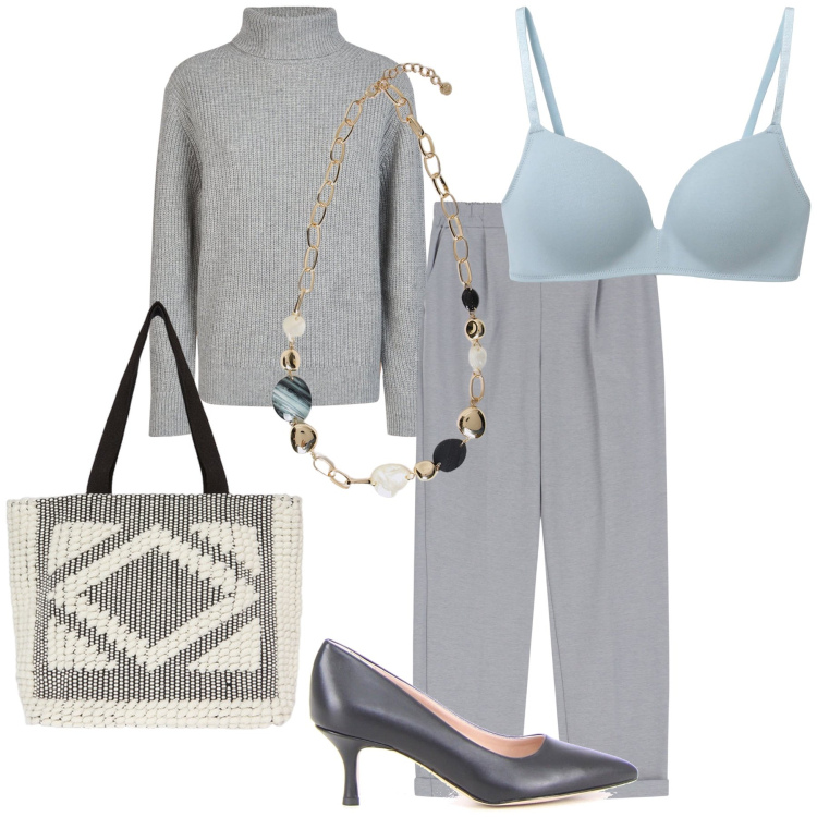 Outfit donna - Chic ancora in saldo. Stile Bon Ton per Ufficio. Abbinamento con reggiseni, pantaloni, maglieria, collane, shopping bag, décolleté.