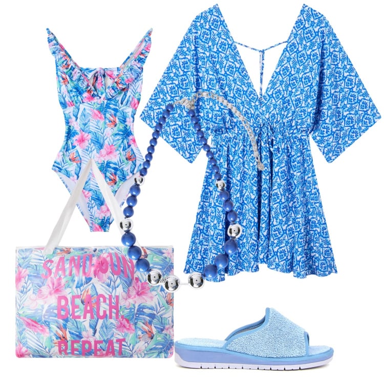 Outfit donna - Carina al mare coi saldi. Stile Trendy per Mare. Abbinamento con vestiti corti, costumi interi, borse tote, collane, ciabatte.