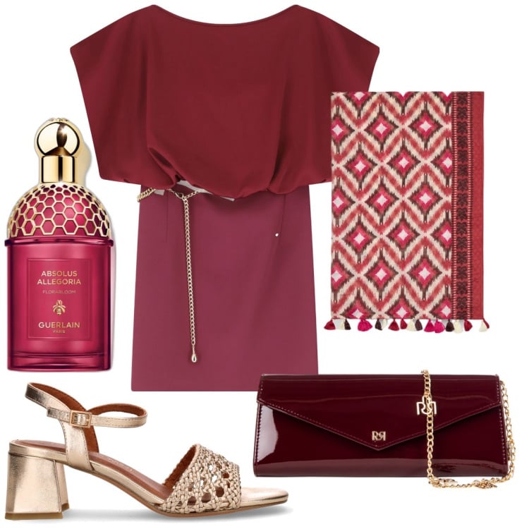 Outfit donna - Il minidress bordeaux. Stile Chic per Serata fuori. Abbinamento con profumi, pochette, vestiti corti, sciarpe, sandali col tacco.