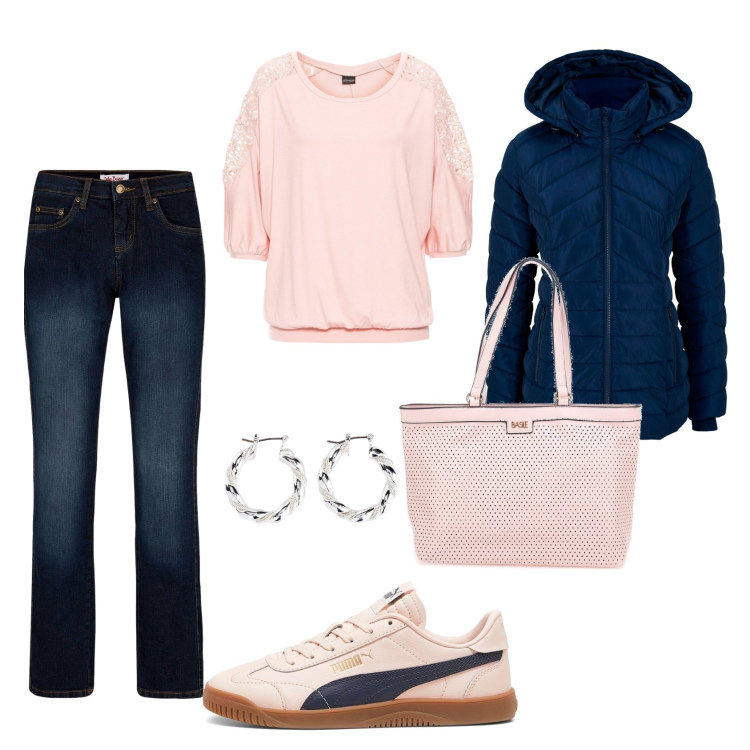 Outfit donna - Rosa & blu Casual Chic. Stile Casual chic Abbinamento con giacche, jeans dritti, maglieria, orecchini, sneakers, borse a spalla.