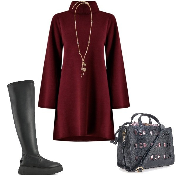 Outfit donna - autunno .... Stile Casual per Tutti i giorni. Abbinamento con vestiti corti, stivali sopra il ginocchio, borse a mano, ciondoli.