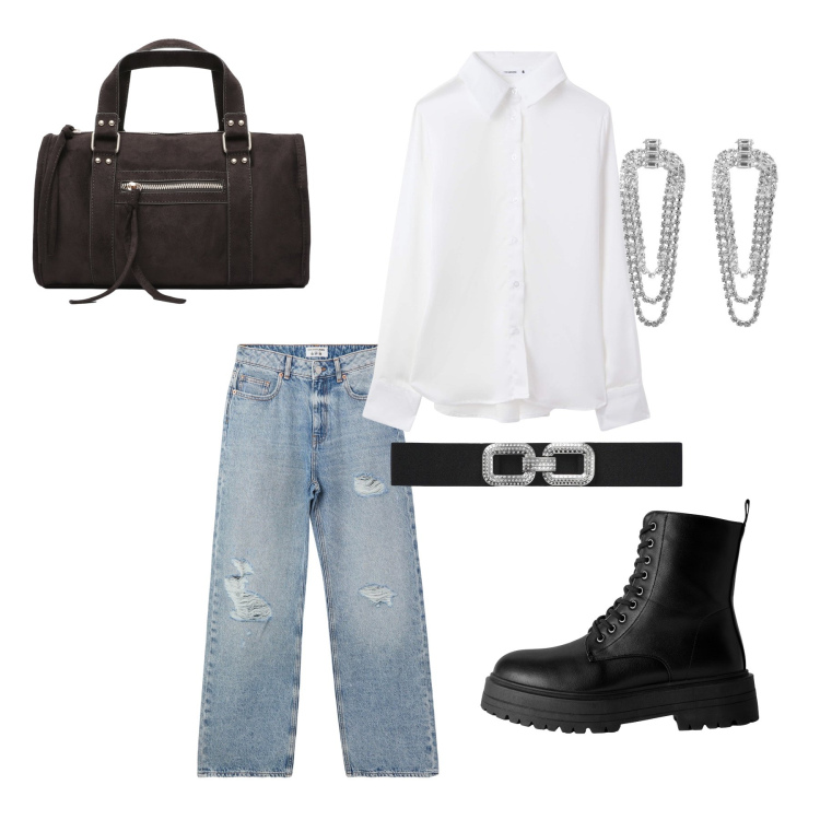 Outfit donna - BASIC Essenziale. Stile Basic per Tutti i giorni. Abbinamento con borse a mano, jeans strappati, cinture, orecchini, camicie, anfibi.