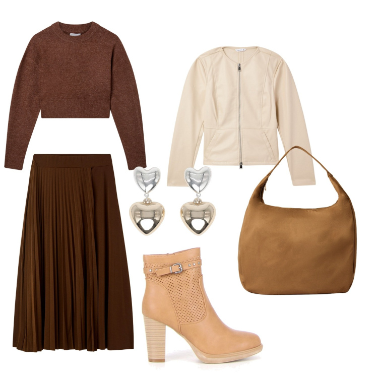 Outfit donna - Eleganza in Toni Caldi. Abbinamento con maglieria, borse a mano, gonne lunghe, blazer, orecchini, stivaletti.