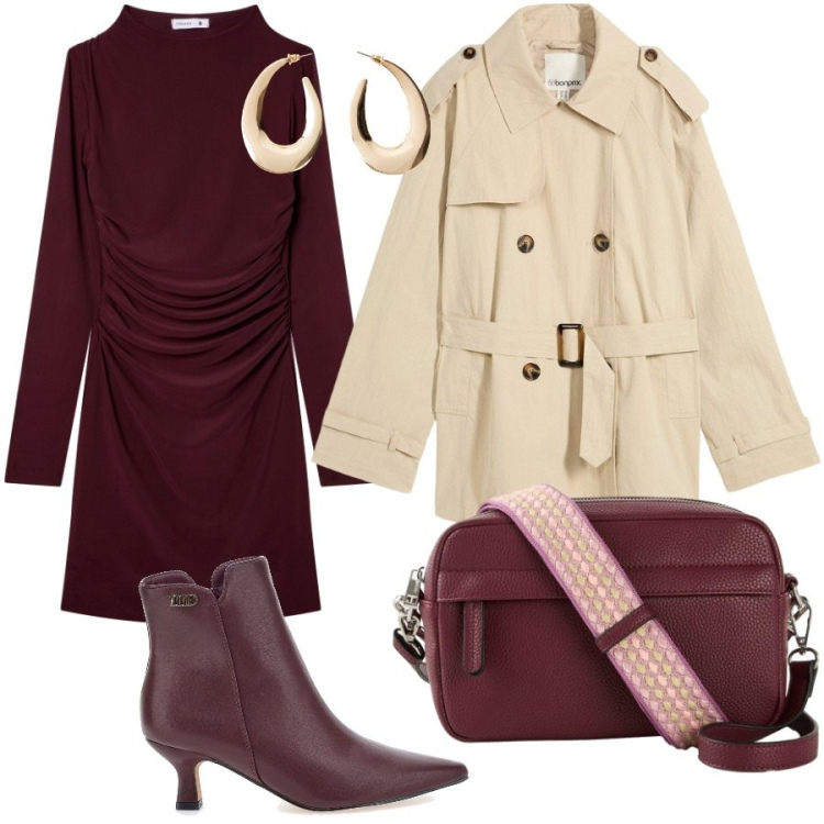 Outfit donna - Una pizza con amici. Stile Casual chic per Serata fuori. Abbinamento con borse a tracolla, orecchini, trench, vestiti corti, stivaletti.