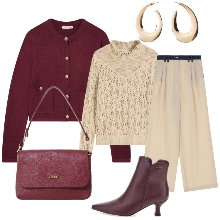 Outfit donna - Bordeaux caldo e intenso. Stile Chic per Tutti i giorni. Abbinamento con orecchini, maglieria, cardigans, pantaloni, borse a tracolla, stivaletti.