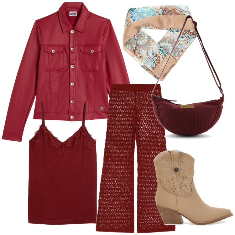 Outfit donna - Bordeaux Mood. Stile Casual chic per Ufficio. Abbinamento con top, giacche, pantaloni, stivaletti texani, foulard, borse a tracolla.