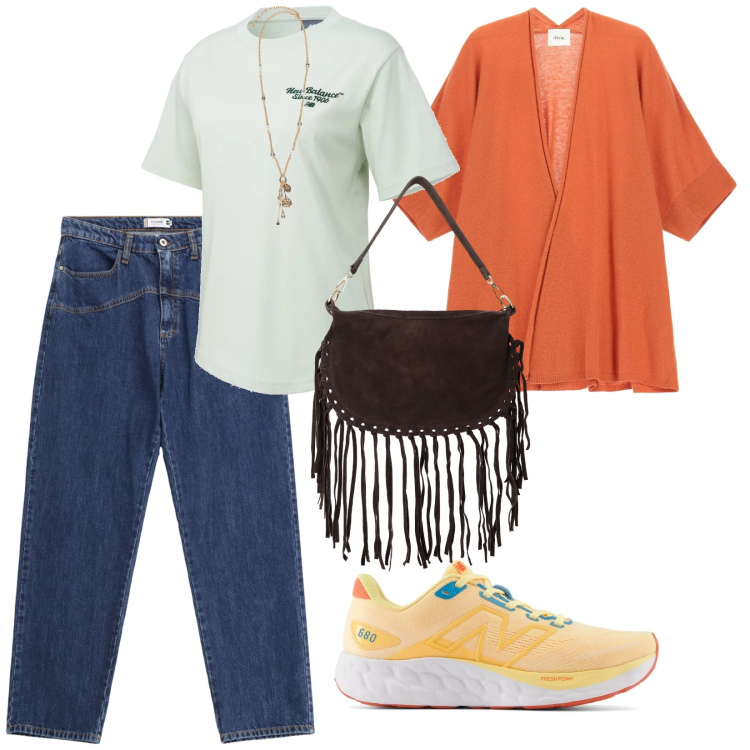 Outfit donna - Ultimi giorni al mare. per Mare. Abbinamento con sneakers, t-shirt, jeans, borse a tracolla, cardigans, ciondoli.