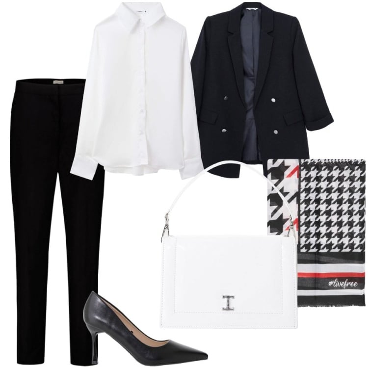 Outfit donna - Mannish a cena. Stile Mannish per Serata fuori. Abbinamento con camicie, blazer, décolleté, borse a tracolla, pantaloni, foulard.