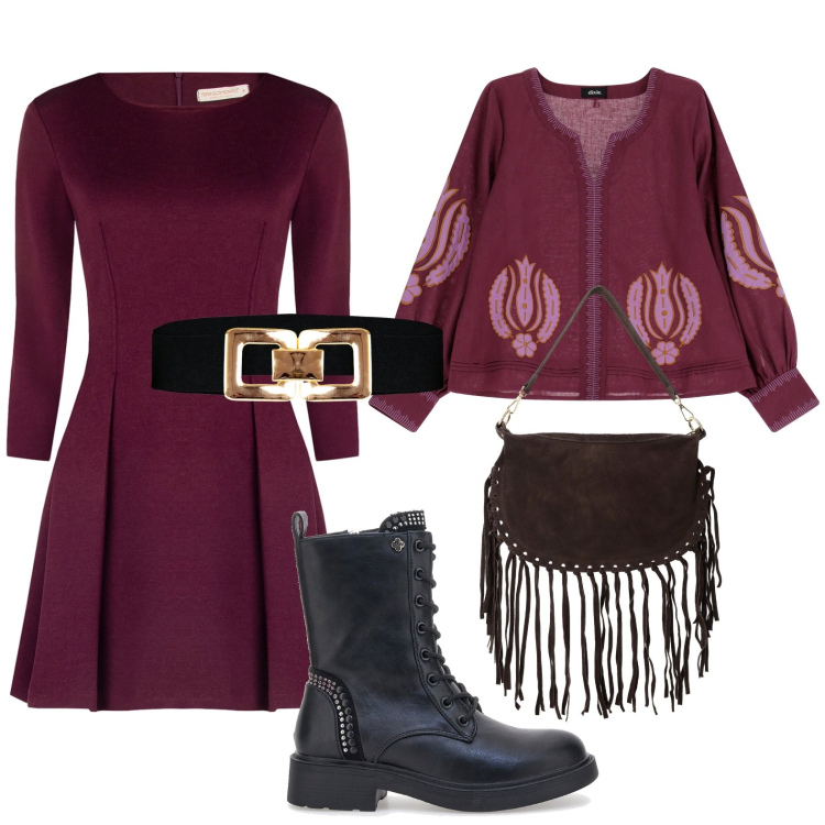 Outfit donna - Bordeaux Mood. Stile Casual chic per Serata fuori. Abbinamento con vestiti corti, cinture, bluse, borse a tracolla, anfibi.