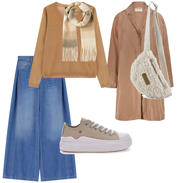 Outfit donna - Gita in montagna. per Tutti i giorni. Abbinamento con sciarpe, jeans, pullovers, sneakers, trench, marsupi.