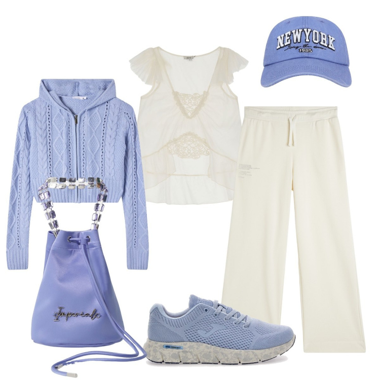 Outfit donna - Color fiordaliso. Stile Sporty chic per Tutti i giorni. Abbinamento con cardigans, cappelli, borse a secchiello, pantaloni sportivi, top, sneakers.